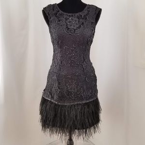 Feather-trimmed Lace Mini Dress